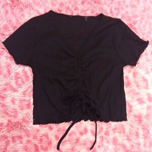 Anthropologie Black Short Sleeve Ruched Top